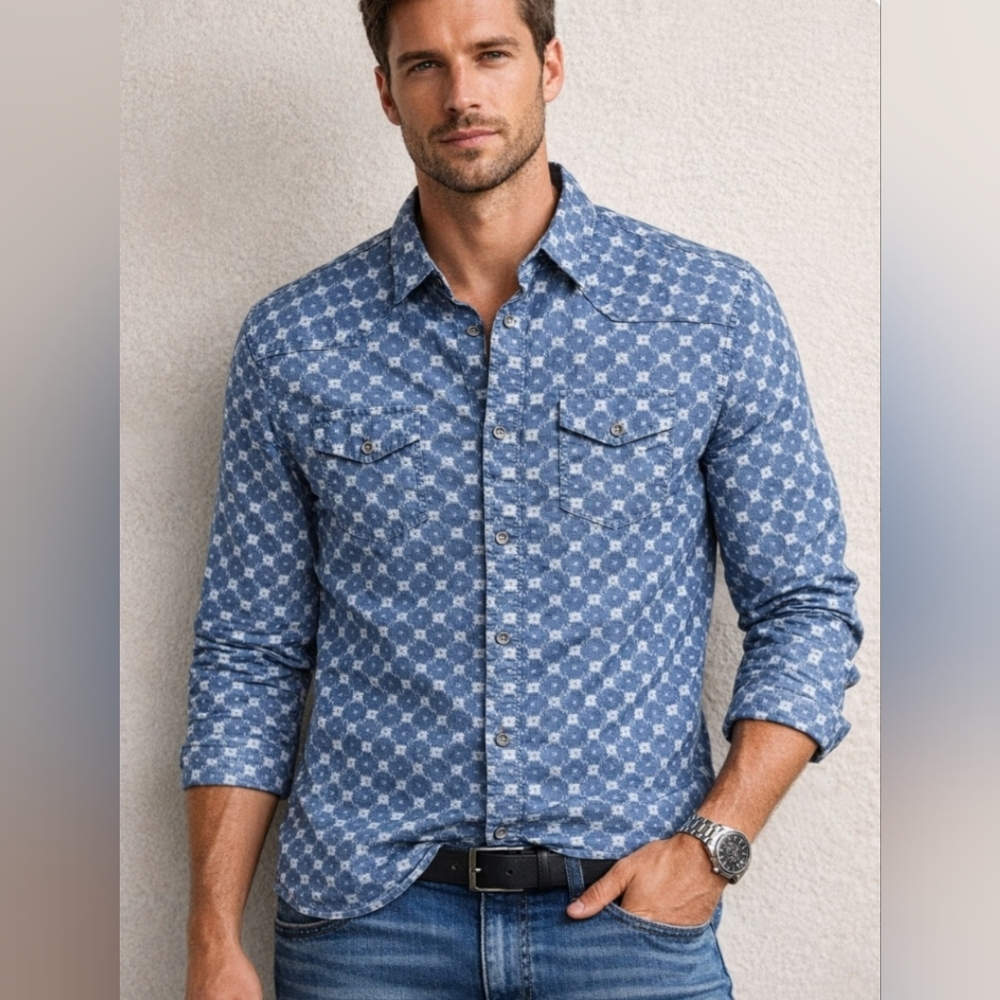 Men's Guess Blue Patterned Shirt. Like New Condition. Size M. 100% Cotton.